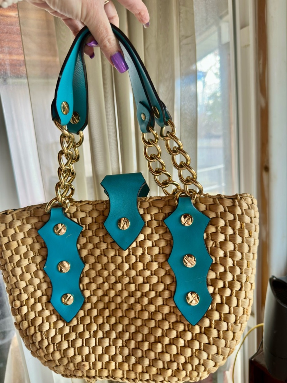 Michael Kors Aqua-Trim Woven Straw Tote with Gold Hardware. Perfect for summer! - Picture 2 of 16